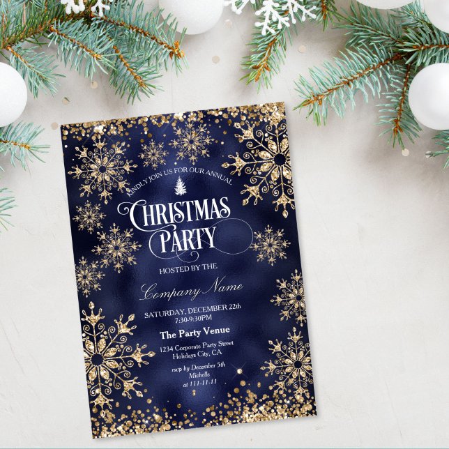Classy Chic Gold Glitter Corporate Christmas Party Einladung (gold glitter christmas tree on the navy blue background christmas party invitation)