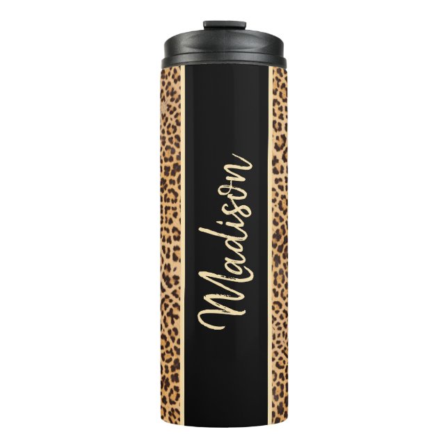 Classy Chic Leopard Print Black Brown Personalisie Thermosbecher (Vorderseite)