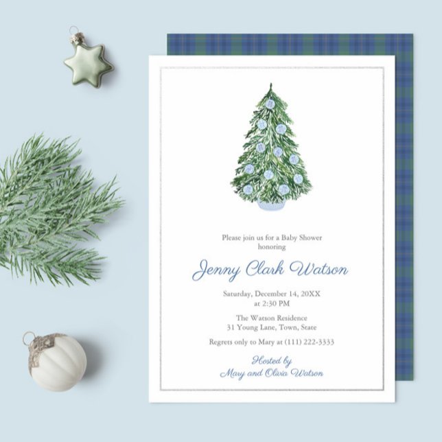 Classy Chinoiserie Weihnachtsdusche für Junge Folieneinladung (Blue & White Chinoiserie Christmas baby shower invitations with silver foil and tartan reverse)