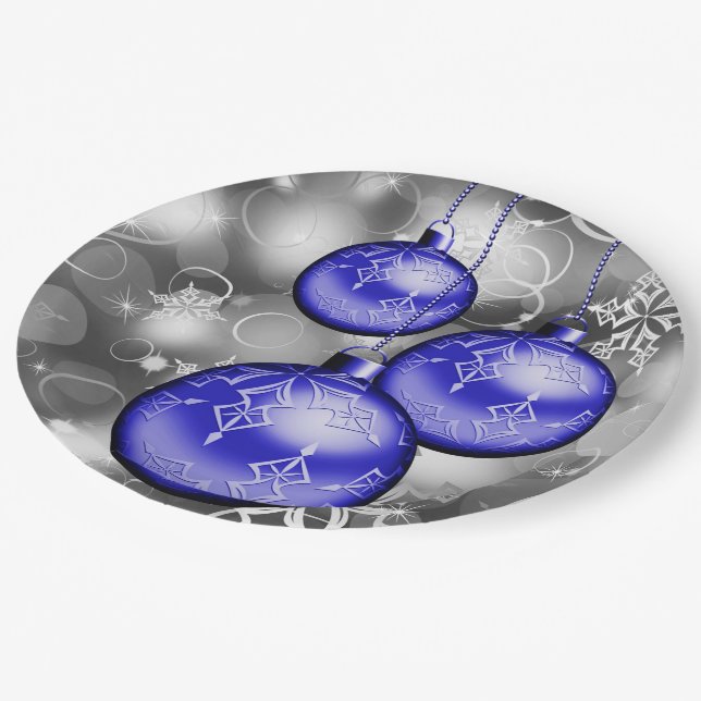 Classy Christmas Blue Silver Gray Paper Plate Pappteller (Schrägansicht)