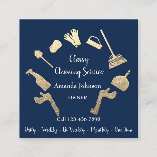 Classy Cleaning Services Gold Logo Maid House Blue Quadratische Visitenkarte (Vorderseite)