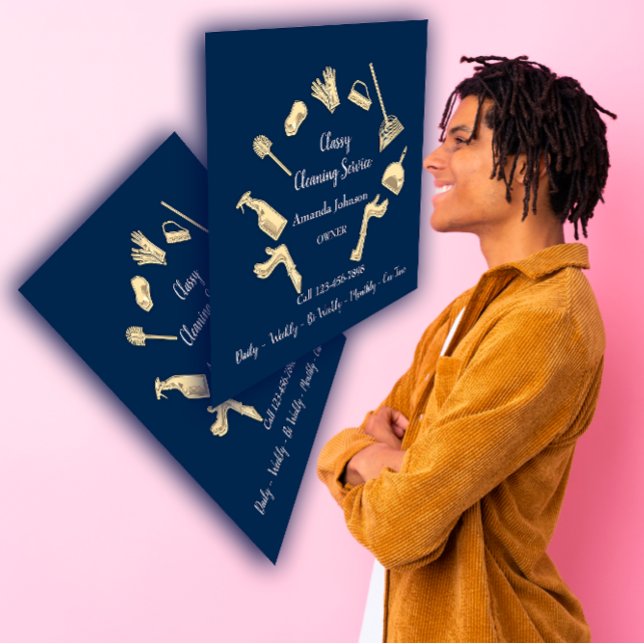 Classy Cleaning Services Gold Logo Maid House Navy Quadratische Visitenkarte (Classy Cleaning Services Gold Logo Maid House Navy Square Business Card)