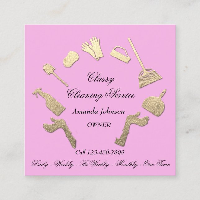 Classy Cleaning Services Gold Logo Maid House Pink Quadratische Visitenkarte (Vorderseite)