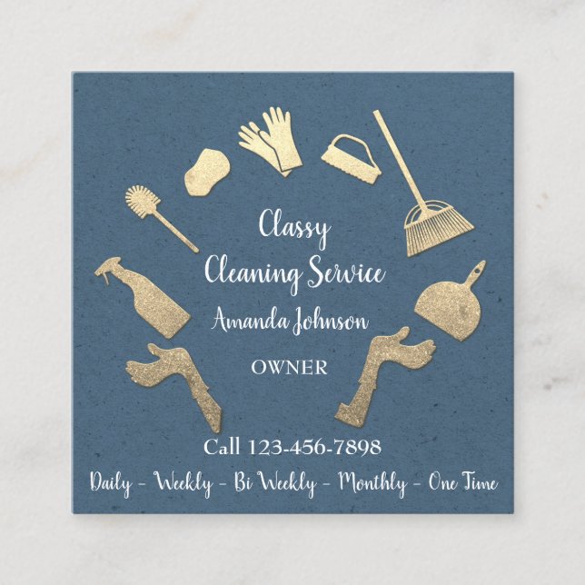 Classy Cleaning Services Gold Logo Maid Kraft Blue Quadratische Visitenkarte (Vorderseite)