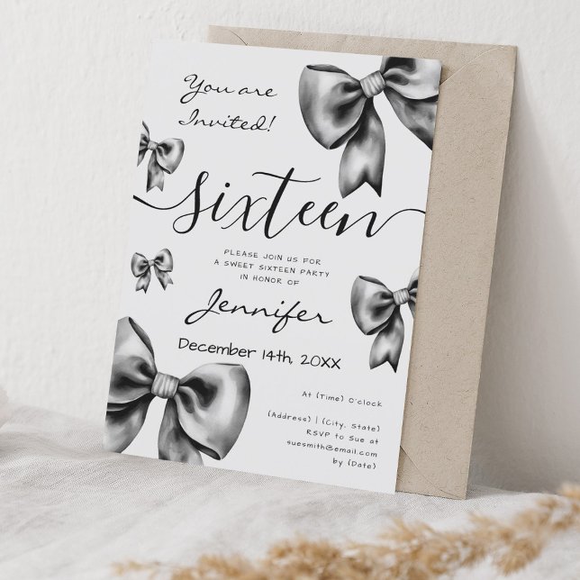 Classy Coquette Black Bow Sweet 16 Party Einladung (Classy Coquette Black Bow Sweet 16 Party Invitation)