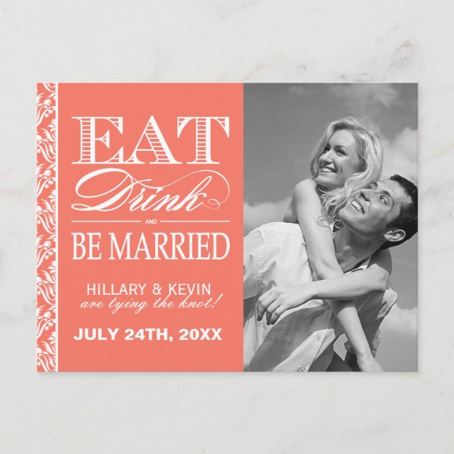 Classy Coral Damask Save the Date Ankündigungspostkarte (Vorderseite)