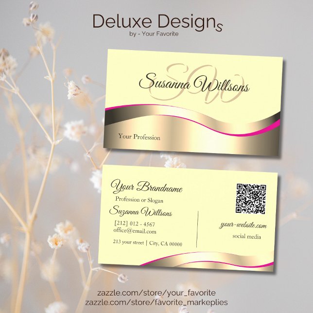 Classy Cream Wavy Gold Dekorinitials und QR Code Visitenkarte (Von Creator hochgeladen)