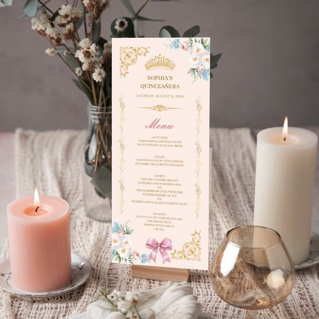 Classy Crown Pink Bow Quinceanera Custom Menu Card Einladung (Classy Crown Pink Bow Quinceanera Custom Menu Card)