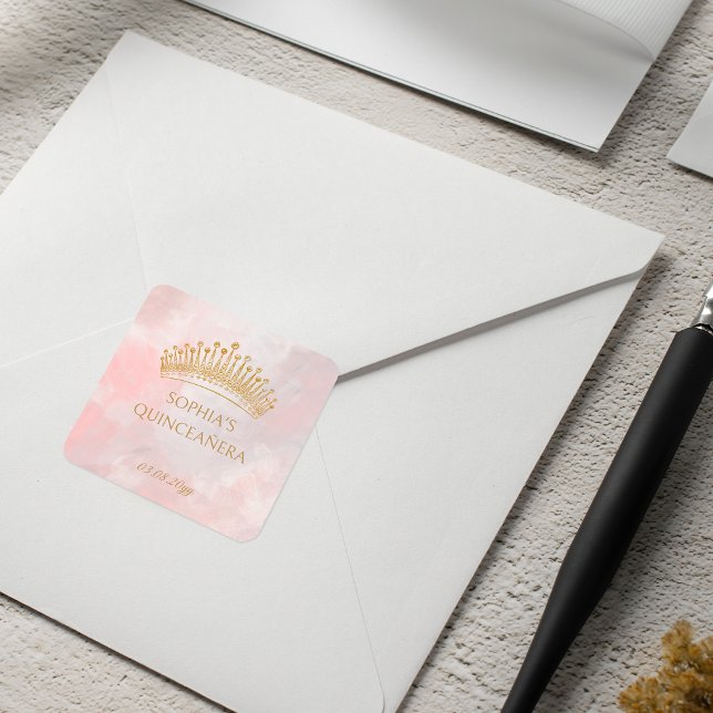 Classy Crown Pink Quinceanera Custom Umschlag Aufk Quadratischer Aufkleber (Classy Crown Pink Quinceanera Custom Envelope Seal)