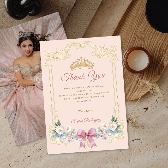 Classy Crown Pink Quinceanera Foto DankeYou Card Ankündigung (Classy Crown Pink Quinceanera Photo ThankYou Card)