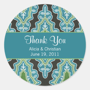 Classy Damask Turquoise Danke Labels Runder Aufkleber