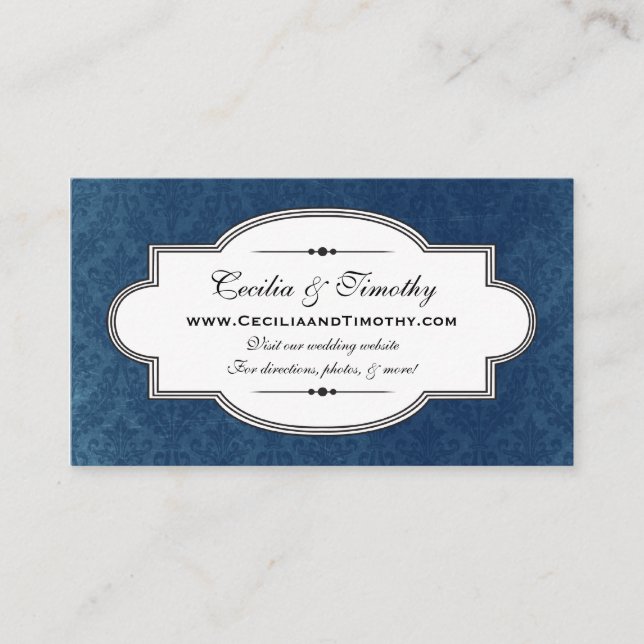 Classy Damask Wedding Website Business Card (blau) Begleitkarte (Vorderseite)