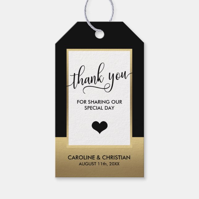Classy DANK YOU Black Gold Heart Wedding Geschenkanhänger (Vorderseite)