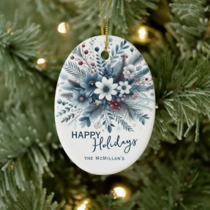 Classy Dark Aquamarin Blue Red Floral Holiday Wrea Keramik Ornament