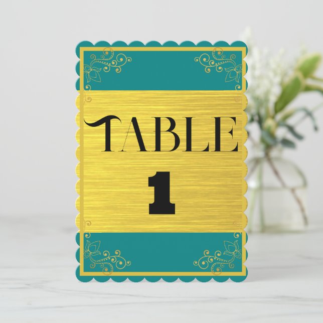 Classy Dark Blue Green & Gold Wedding Tischnummer (Stehend Vorderseite)