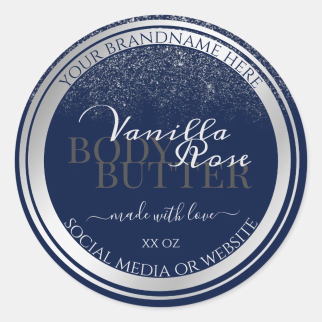 Classy Dark Blue & Silver Product Packaging Labels Runder Aufkleber (Vorderseite)