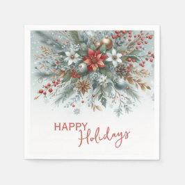 Classy Dark Red Teal Blue Floral Holiday Wreath Serviette