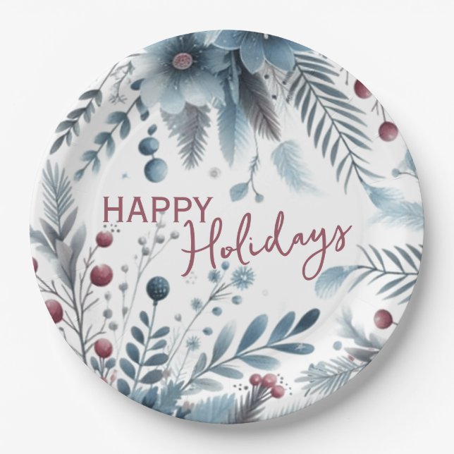 Classy Dark Teal Blue Red Floral Holiday Wreath Pappteller (Vorderseite)