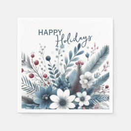 Classy Dark Teal Blue Red Floral Holiday Wreath Serviette