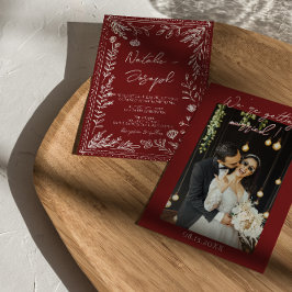 Classy Deep Red Blue Floral Modern Photo Wedding Einladung