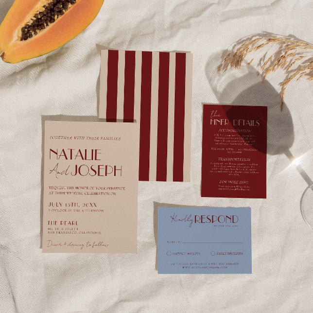 Classy Deep Red Blue Whimsical Modern Wedding Einladung (Von Creator hochgeladen)