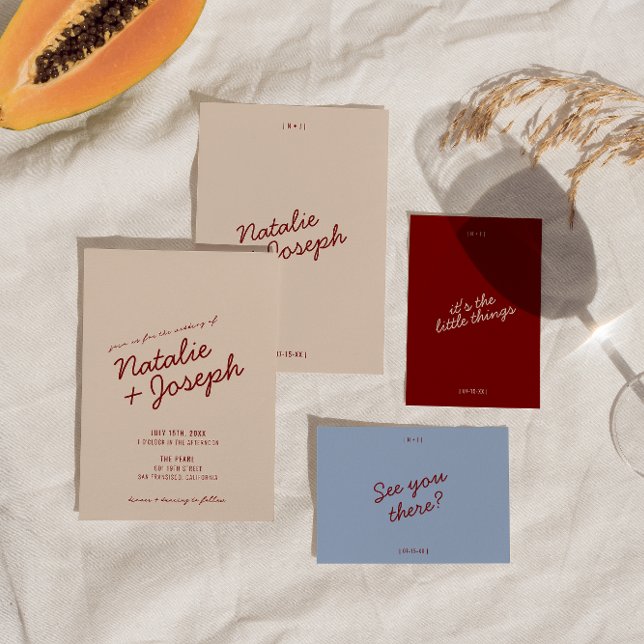 Classy Deep Red Blue Whimsical Unique Wedding Einladung (Von Creator hochgeladen)