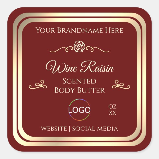 Classy Deep Red Product Label Gold Frame mit Logo Quadratischer Aufkleber (Vorderseite)