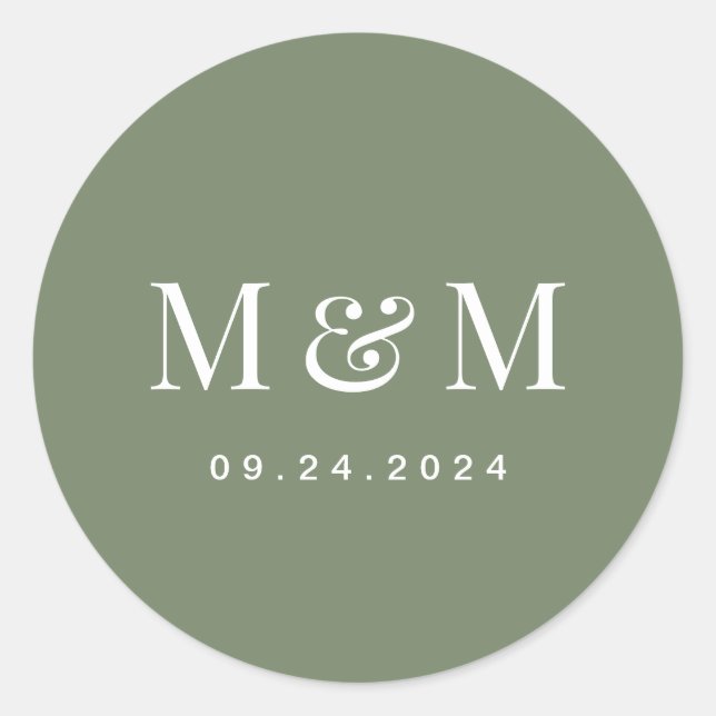 Classy Deep Sage Green Monogram Typography Wedding Runder Aufkleber (Vorderseite)