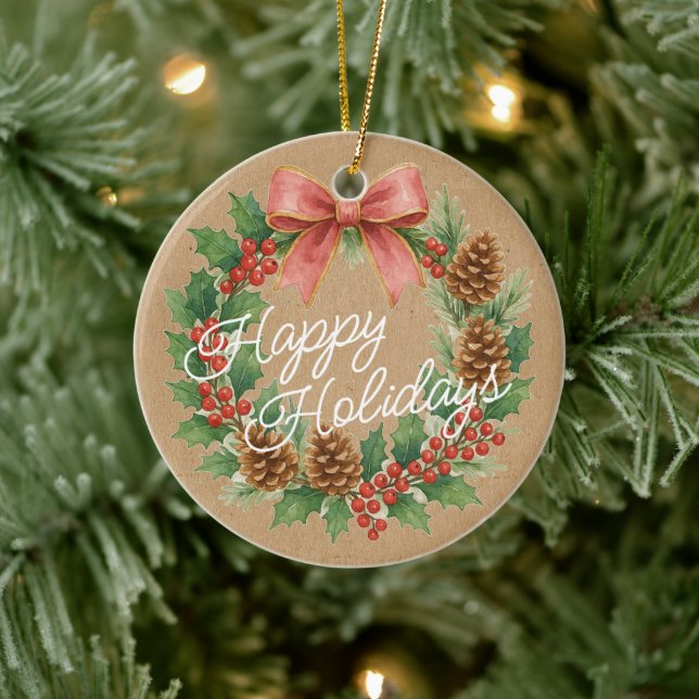 Classy Dezember Kranz mit rosa Bow Wasserfarbe Keramik Ornament (Baum)
