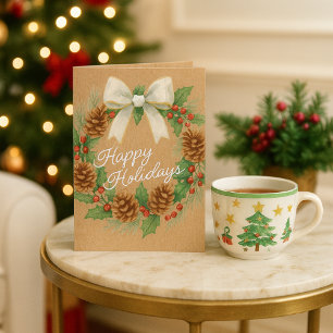 Classy Dezember Kranz mit weißem Bow Wasserfarbe Feiertagskarte