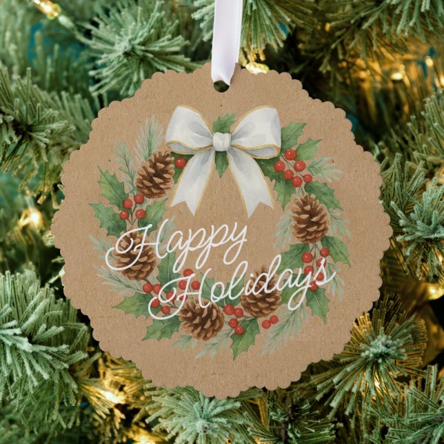 Classy Dezember Kranz mit weißem Bow Wasserfarbe Ornament Karte (Insitu (Baum))