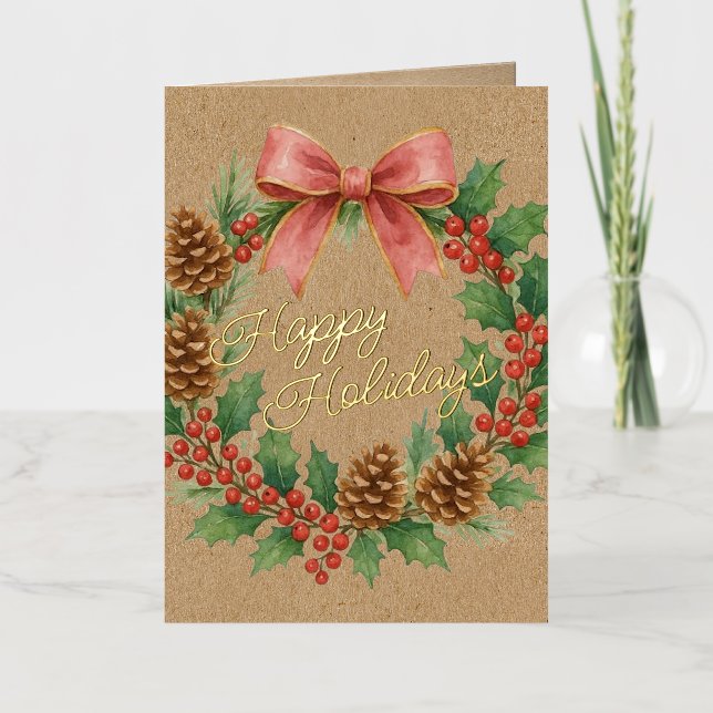 Classy Dezember Wreath Pink Bow Watercolor Gold (Vorderseite)