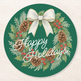Classy Dezemberkranz mit weißem Bow-Urlaub Runder Pappuntersetzer