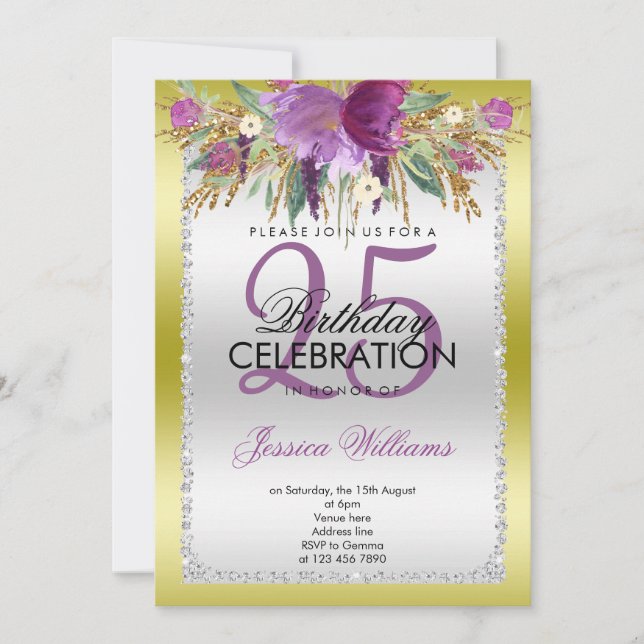 Classy Diamond Glitzer Wasserfarben Blume Geburtst Einladung (Vorderseite)