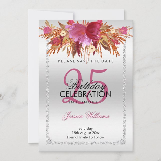 Classy Diamond Glitzer Wasserfarben Blume Geburtst Save The Date (Vorderseite)