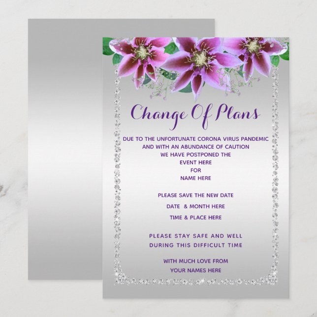 Classy Diamonds & Blume Änderung der Pläne Einladung (Vorne/Hinten)