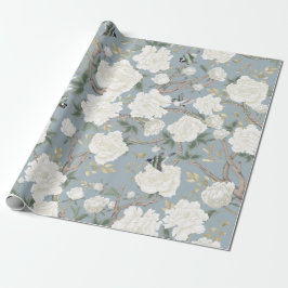 Classy Dusty Blue White Chinoiserie Blume Birds Geschenkpapier