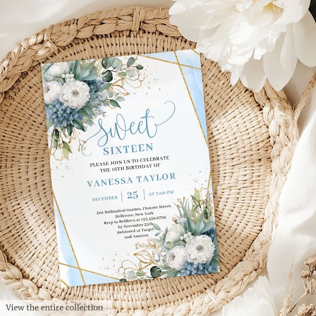 Classy Dusty Blue White Peonies Sweet 16 Einladung (Classy Dusty Blue White Peonies Sweet 16 Invitation)