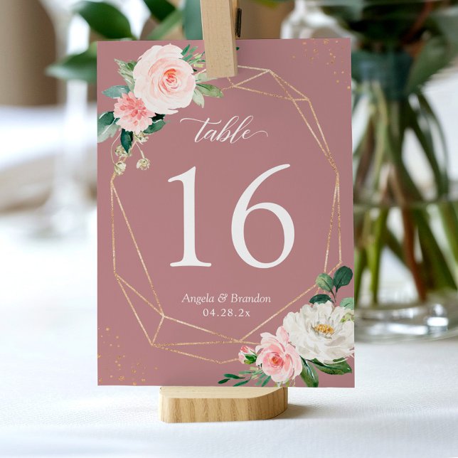 Classy Dusty Rose Blush Floral Geometric Wedding Tischnummer (Von Creator hochgeladen)