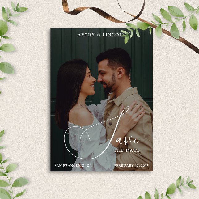 Classy Elegant Black & White Photo Script Wedding Save The Date (Von Creator hochgeladen)