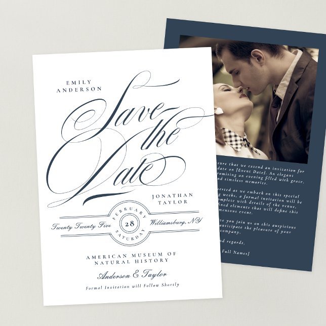 Classy Elegant Calligraphy Navy Blue Foto Save The Date (Von Creator hochgeladen)
