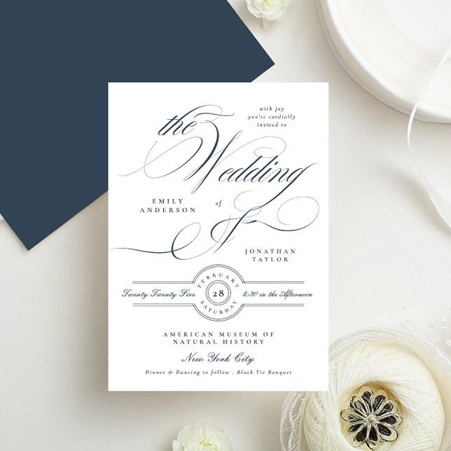Classy Elegant Calligraphy Navy Blue Wedding Einladung (Von Creator hochgeladen)