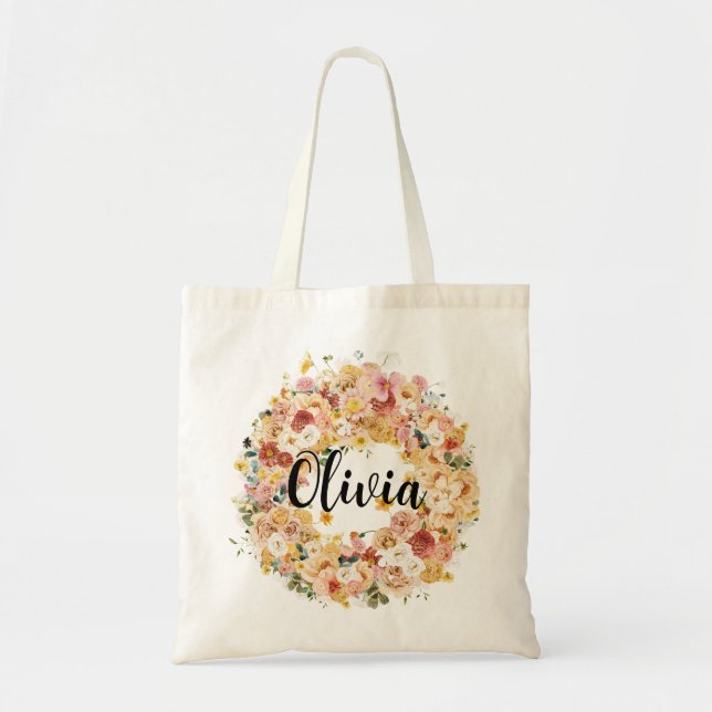 Classy Elegant Floral Bridesmaid Monogram Name Tragetasche (Vorne)