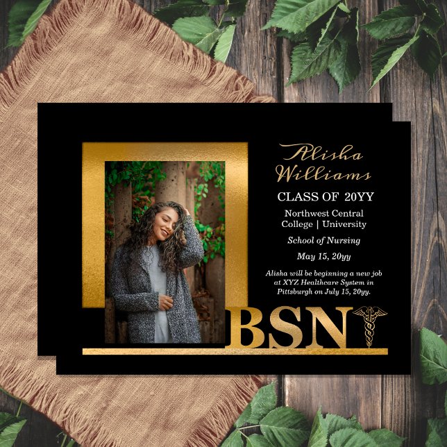 Classy Elegant Gold BSN Caduceus 1 Foto Black Ankündigung (Classy Elegant "BSN" Gold Tone | Black Caduceus Photo Graduation Announcement - Print | Download)