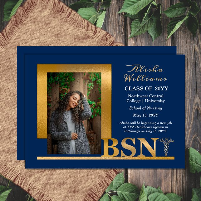 Classy Elegant Gold BSN Caduceus 1 Foto Dk Blue Ankündigung (Classy Elegant Gold Tone Caduceus and Blue One Photo Blue "BSN" Nurse Graduation Announcement )