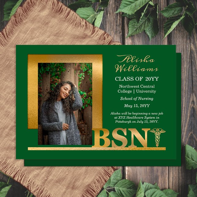 Classy Elegant Gold BSN Caduceus Foto Dk Green Ankündigung (Elegant Classy Gold Tone BSN Caduceus Photo Dark Green Graduation Announcement - Print | Digital )