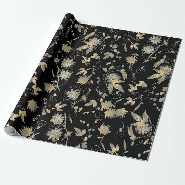 Classy Elegant Gold Passion Blume auf Black Geschenkpapier (Ungerollt)