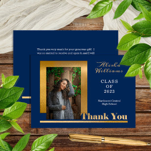Classy Elegant Gold Text Graduate 1 Photo Dk Blue Dankeskarte