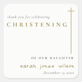 Classy Elegant Minimal Gold Typografie Christening Quadratischer Aufkleber