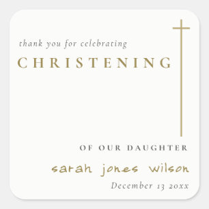 Classy Elegant Minimal Gold Typografie Christening Quadratischer Aufkleber